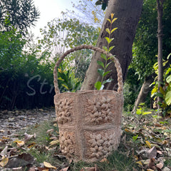 Raffia Flower Crochet Bucket Bag with Top Handle & Shoulder Strap B001