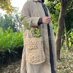 Raffia Flower Crochet Bucket Bag with Top Handle & Shoulder Strap B001