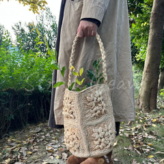 Raffia Flower Crochet Bucket Bag with Top Handle & Shoulder Strap B001