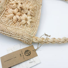 Raffia Flower Crochet Bucket Bag with Top Handle & Shoulder Strap B001