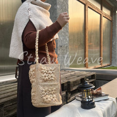 Raffia Flower Crochet Bucket Bag with Top Handle & Shoulder Strap B001