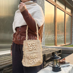 Raffia Flower Crochet Bucket Bag with Top Handle & Shoulder Strap B001