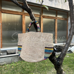 Raffia Handwoven Handbag with Colorful Outer Pocket B007