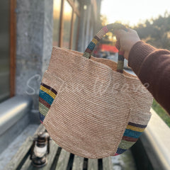 Raffia Handwoven Handbag with Colorful Outer Pocket B007