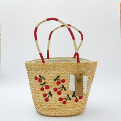 StrawWeave Eco-Friendly Handwoven Niche Embroidered Cherry Shoulder Straw Bag  New Fashion Large-Capacity Wheat Straw Woven Bag, Beach & Vacation Tote Bag