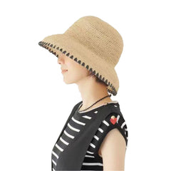 StrawWeave Eco-Friendly Handwoven Raffia Sun Hat  New Black-Trim Handmade Woven Straw Bucket Hat, Beach & Vacation Style