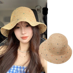 Raffia Handwoven Colorful Polka Dot Wide-Brim Sun Hat H001