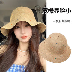 Raffia Handwoven Colorful Polka Dot Wide-Brim Sun Hat H001