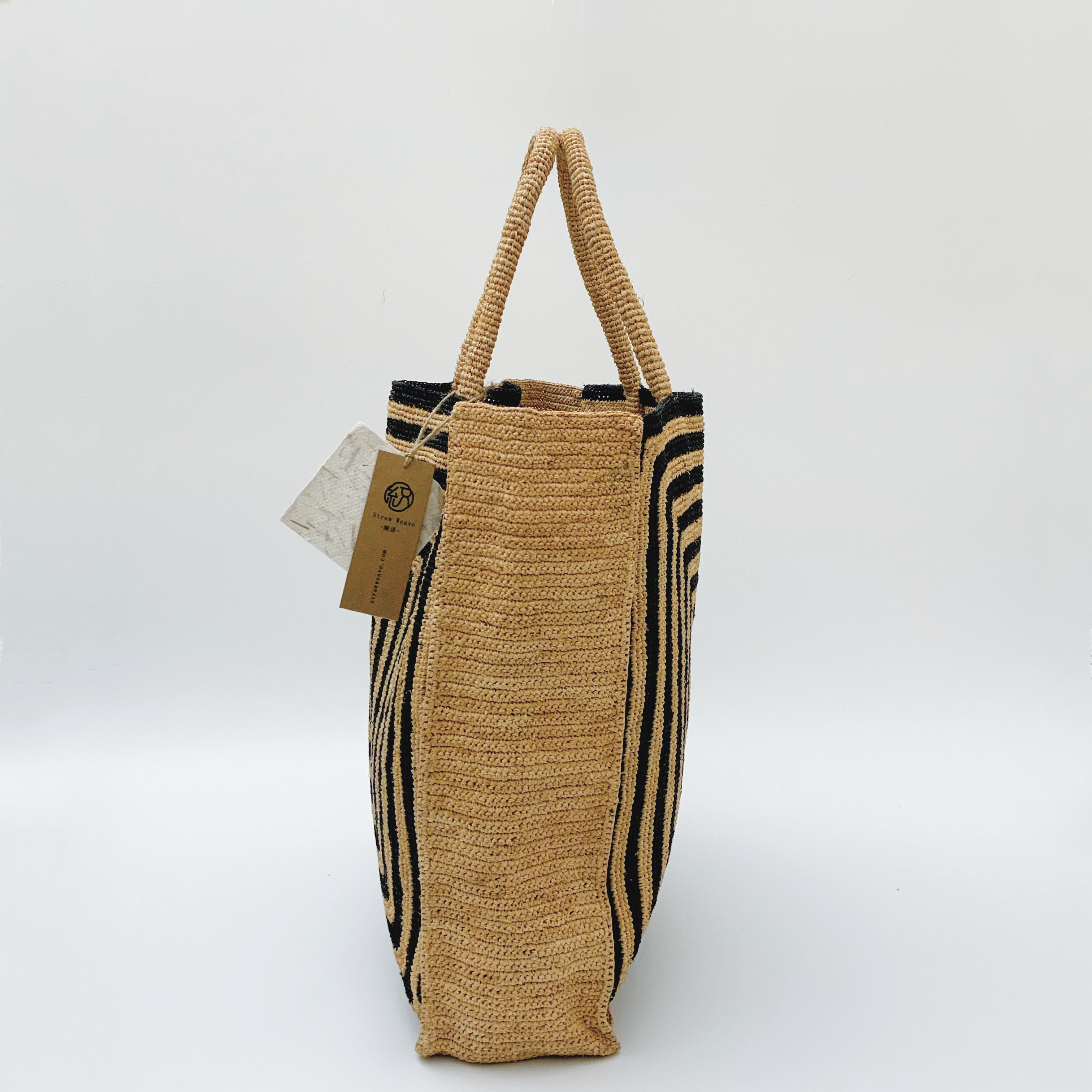 StrawWeave Handmade Black Stripe Raffia Tote  Eco-Friendly Large Woven Summer Beach Bag for Women, Vacation Shoulder Handbag