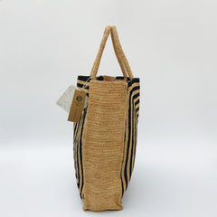 StrawWeave Handmade Black Stripe Raffia Tote  Eco-Friendly Large Woven Summer Beach Bag for Women, Vacation Shoulder Handbag