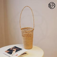 Eco-Friendly Straw Bucket Bag, Handmade Yellow Paper Rope Tote with Rattan Frame, Large Floral Basket Woven Handbag for Women's Summer Beach Vacation
