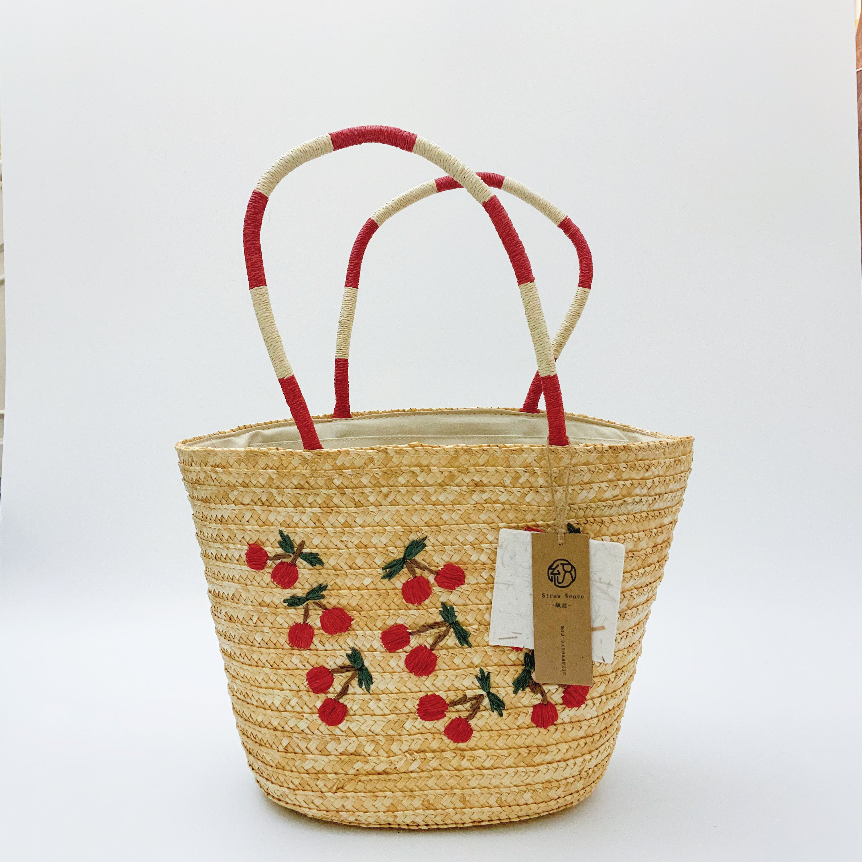 StrawWeave Eco-Friendly Handwoven Niche Embroidered Cherry Shoulder Straw Bag  New Fashion Large-Capacity Wheat Straw Woven Bag, Beach & Vacation Tote Bag