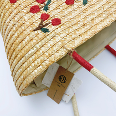 StrawWeave Eco-Friendly Handwoven Niche Embroidered Cherry Shoulder Straw Bag  New Fashion Large-Capacity Wheat Straw Woven Bag, Beach & Vacation Tote Bag