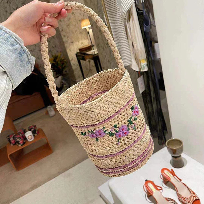 Raffia flower embroidery straw bag French shoulder handbag woven bag seaside resort beach bag women's bag