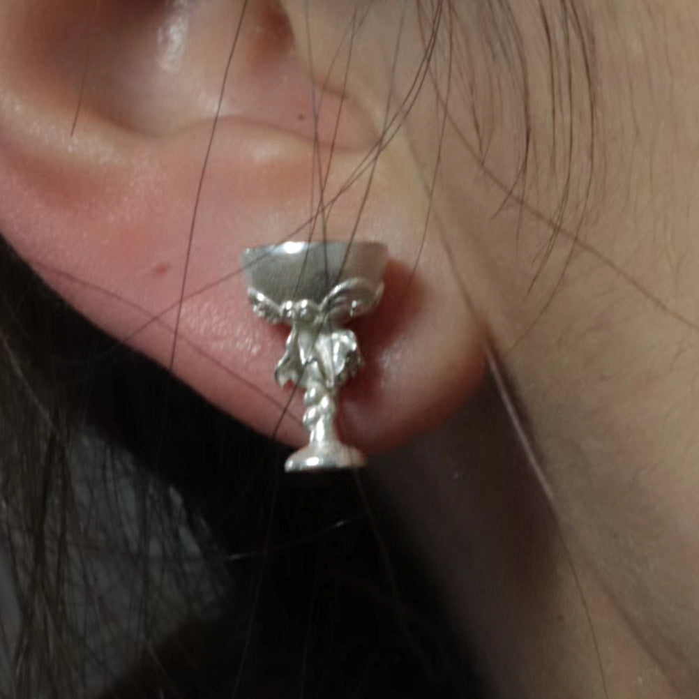 ins style S925 silver needle wine pot and wine glass stud earrings female versatile temperament embossed craftsmanship exquisite sense of earrings