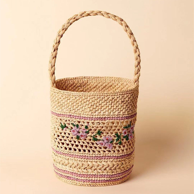 Raffia flower embroidery straw bag French shoulder handbag woven bag seaside resort beach bag women's bag