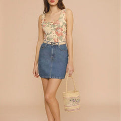 Raffia flower embroidery straw bag French shoulder handbag woven bag seaside resort beach bag women's bag