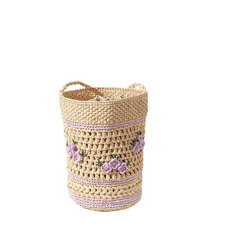 Raffia flower embroidery straw bag French shoulder handbag woven bag seaside resort beach bag women's bag